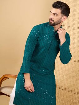 ETHNIC BAY - Men Teal Embroidered Straight Kurta
