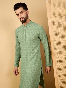 ETHNIC BAY - Men Green Embroidered Straight Kurta