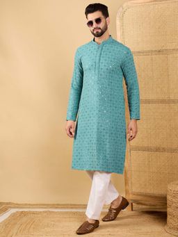ETHNIC BAY - Men Turquoise Embroidered Straight Kurta