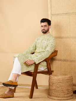 ETHNIC BAY - Men Olive Embroidered Straight Kurta