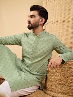 ETHNIC BAY - Men Green Viscose Rayon Embroidered Straight Kurta