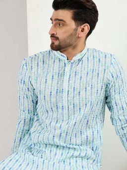 ETHNIC BAY - Men Blue Viscose Rayon Striped Printed Straight Kurta