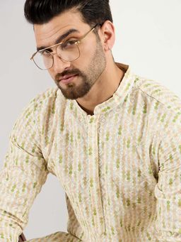 ETHNIC BAY - Men Cream Viscose Rayon Striped Embroidered Straight Kurta