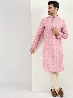 ETHNIC BAY - Men Peach Viscose Rayon Floral Embroidered Straight Kurta