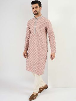 ETHNIC BAY - Men Peach Viscose Rayon Embroidered Straight Kurta