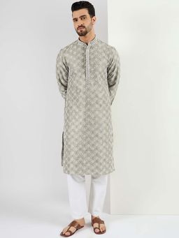 ETHNIC BAY - Men' Green Viscose Rayon Embroidered Straight Kurta