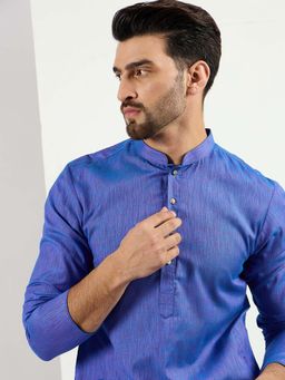 ETHNIC BAY - Men Blue Cotton Woven Design Straight Kurta