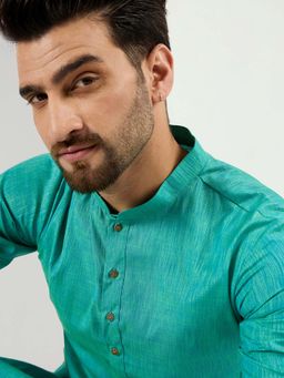 ETHNIC BAY - Men Teal Cotton Woven Design Straight Kurta