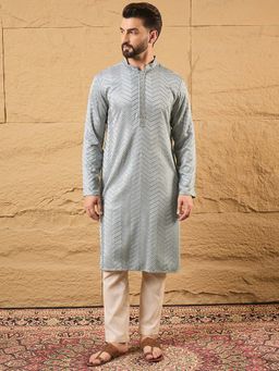 ETHNIC BAY - Men' Grey Viscose Rayon Embroidered Straight Kurta