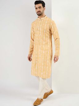 ETHNIC BAY - Men Yellow Viscose Rayon Shibori Embroidered Straight Kurta