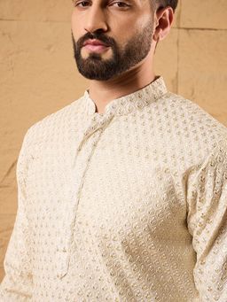 ETHNIC BAY - Men Off White Silk Blend Embroidered Straight Kurta