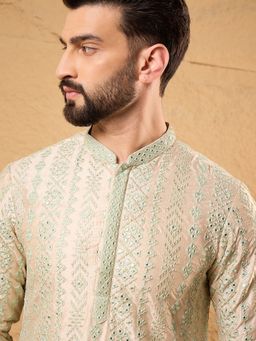 ETHNIC BAY - Men Cream Silk Blend Embroidered Straight Kurta