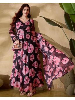 Gahan - Black Organza Floral Printed A Line Anarkali Kurta with Dupatta