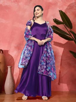 Gahan - Purple Satin Solid Tassel Anarkali Kurta with Organza Floral Printed Dupatta