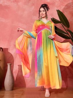 Gahan - Multi-Color Organza Tie & Dye Printed Sequence A Line Anarkali Kurta with Dupatta