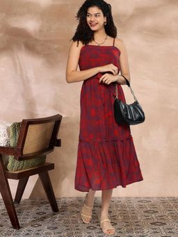 Gahan - Wine Georgette Floral Print Fit & Flare Belted Midi Dress