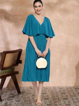 Gahan - Teal Crepe Solid A-Line Midi Dress