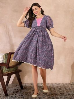 Gahan - Grey Georgette Embroidered Printed Knee Length Dress