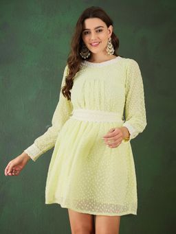 Gahan - Yellow Georgette Chikankari Embroidered Belted Mini Dress