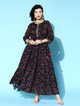 Gahan - Navy Blue Rayon Floral Printed Gota Work Maxi Dress
