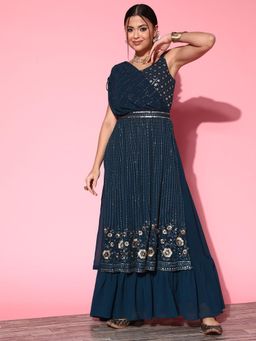 Gahan - Teal Georgette Sequence Embroidered A-Line Drapped Belted Gown