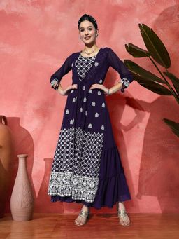 Gahan - Purple Georgette Checks Sequence Embroidered A-Line Gown