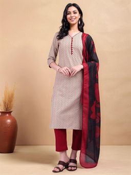 Gahan - Womens Beige Woven Design Straight Kurta with Pant & Dupatta