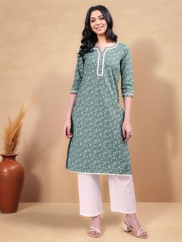 Gahan - Womens Green Floral Printed Cotton Blend Straight Kurta