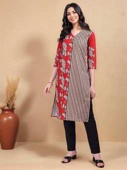 Gahan - Womens Red Floral Printed Cotton Blend Straight Kurta