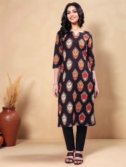 Gahan - Womens Black Printed Cotton Blend Straight Kurta