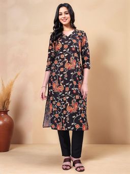 Gahan - Womens Black Printed Cotton Blend Straight Kurta