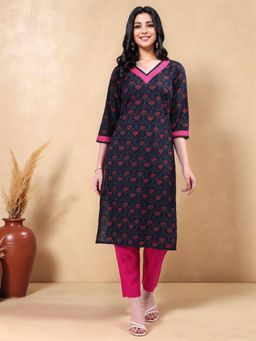 Gahan - Womens Navy Blue Printed Pure Cotton Straight Kurta