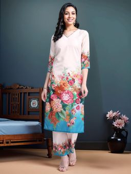 Gahan - Womens Beige Floral Printed Cotton Blend Straight Kurta with Pant