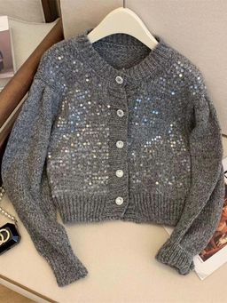 MISS MOSA BY AKANKSHA - Grey Embellished/Sequined Comfortable Sweater