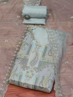 Biba - Grey Organza Unstitched Dress Material (Set of 3)