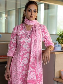 Libas - Pink Floral Printed Kurta with Pant & Dupatta (Set of 3)