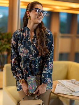 Libas - Blue Printed Silk Blend A-Line Short Kurtis for Women