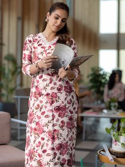 Libas - Off White Printed Silk Blend Straight Kurta Set for Women