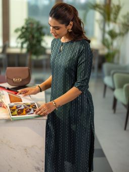 Libas - Green Woven Design Rayon Straight Kurtas for Women