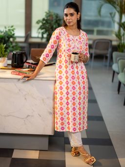 Libas - Orange Printed Silk Blend Straight Kurtas for Women