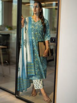 Libas - Teal Floral Printed Straight Kurta & Palazzo with Dupatta