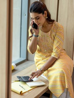 Libas - Mustard Leheriya Printed Straight Kurta with Pocket and Yoke Embroidery