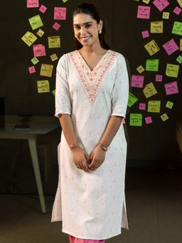 Libas - Off White Floral Yoke Embroidered Straight Kurta