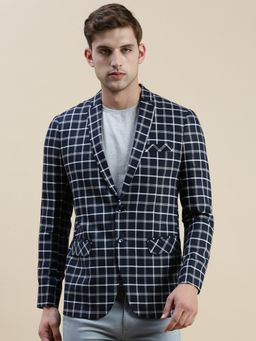 SHOWOFF - Men Notched Lapel Checked Navy Blue Single Breasted Blazer
