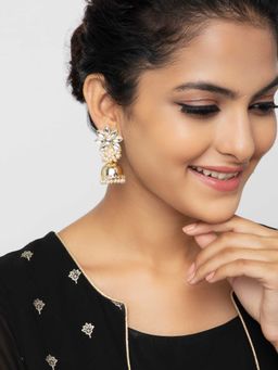 Indya - Gold Floral Kundan Beaded Jhumka Earrings