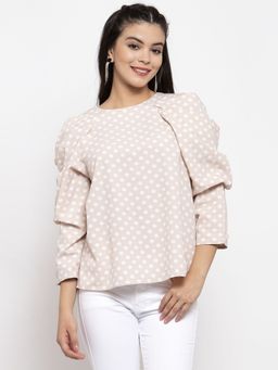 KASSUALLY - Beige & White Polka Dots Printed A-Line Top