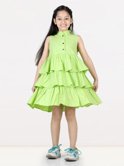 AWW HUNNIE - Girls Green Sleeveless Ruffle Lyred Dress