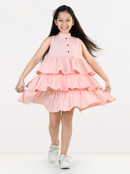 AWW HUNNIE - Girls Peach Sleeveless Ruffle Lyred Dress