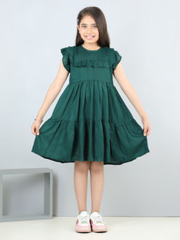 AWW HUNNIE - Girls Green Lyared Cotton Dress