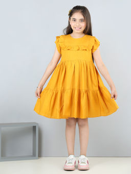 AWW HUNNIE - Girls Mustard Lyared Cotton Dress